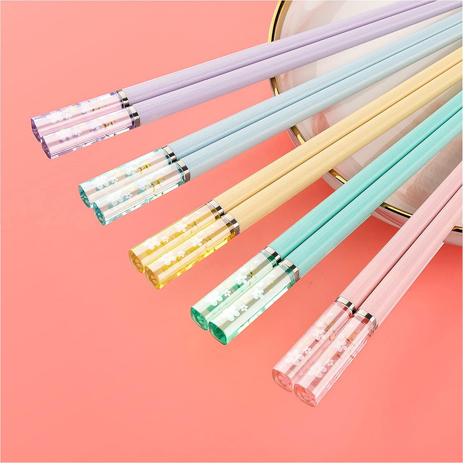 5 Pairs Amber Cherry Blossom Pattern Decoration Multicolor Chopsticks Fiberglass Chopsticks Japanese Korean Chopsticks Reusable Dishwasher Safe Yellow Pink Blue Green Purple Chopsticks - Image 2